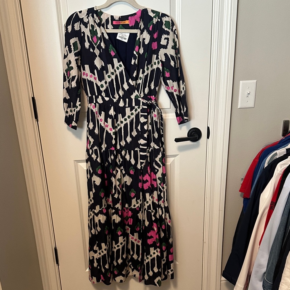 Vilagallo navy Wrap Maxi Dress with Pink & Cream Abstract Print